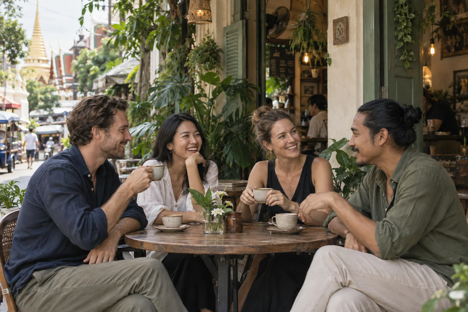 Illustration of friends sharing coffee at a Bangkok-style café